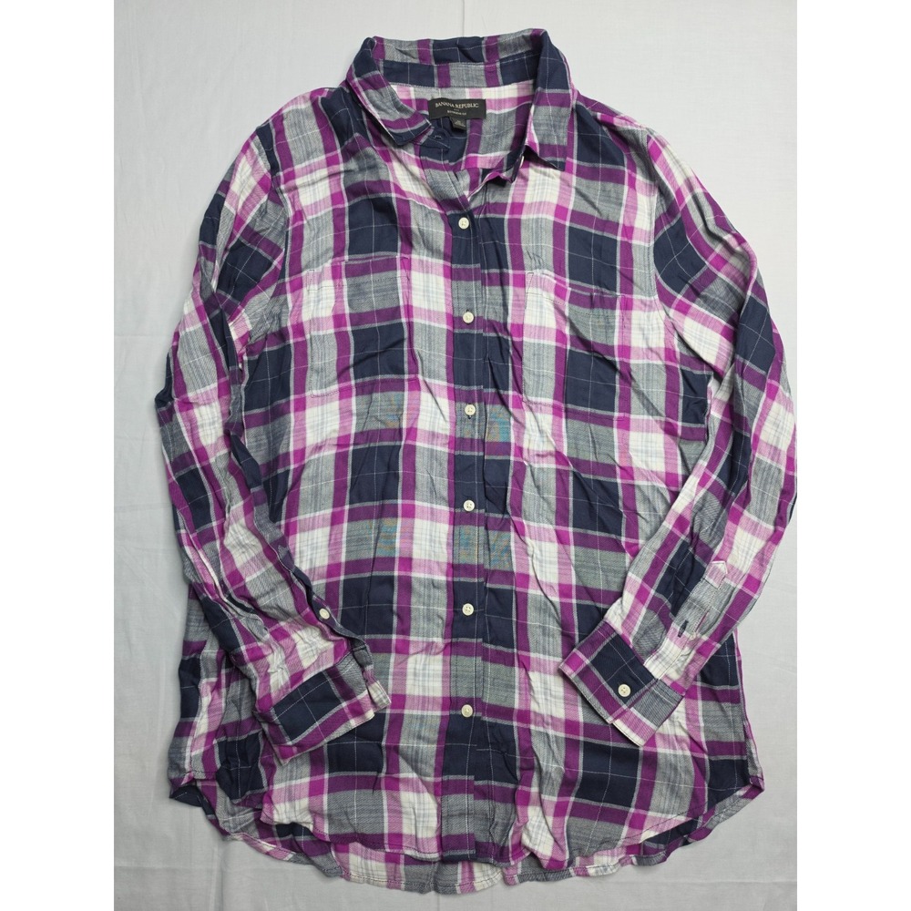 Banana Republic Shirt Women's Medium Multicolor Plaid Boyfriend Fit Button-Up
